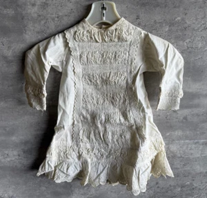 Antique 1890s Authentic Victorian White Silk Button Floral Lace Childs Dress - Picture 1 of 9