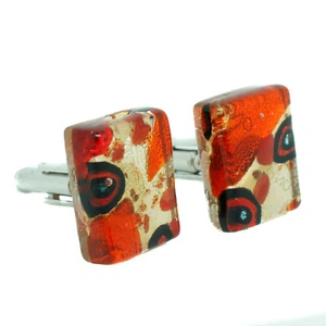 Gemelos de cristal de Murano rectangulares rojo naranja dorado Millefiori Venecia boda - Imagen 1 de 10
