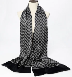Sciarpa 100% seta uomo donna raso fazzoletto da collo avvolgente plaid nero grigio morbido MY113-24 - Foto 1 di 3