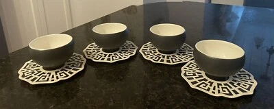 Tazas de té y platillos TEAVANA filigrana porcelana blanco y negro ~ JUEGO DE 4 ~ 8 piezas ~ RARO Foto 1 de 4