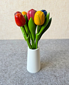 Wooden tulips with vase, set of 9 tulips and white cone shape vase, 7.8'' flower