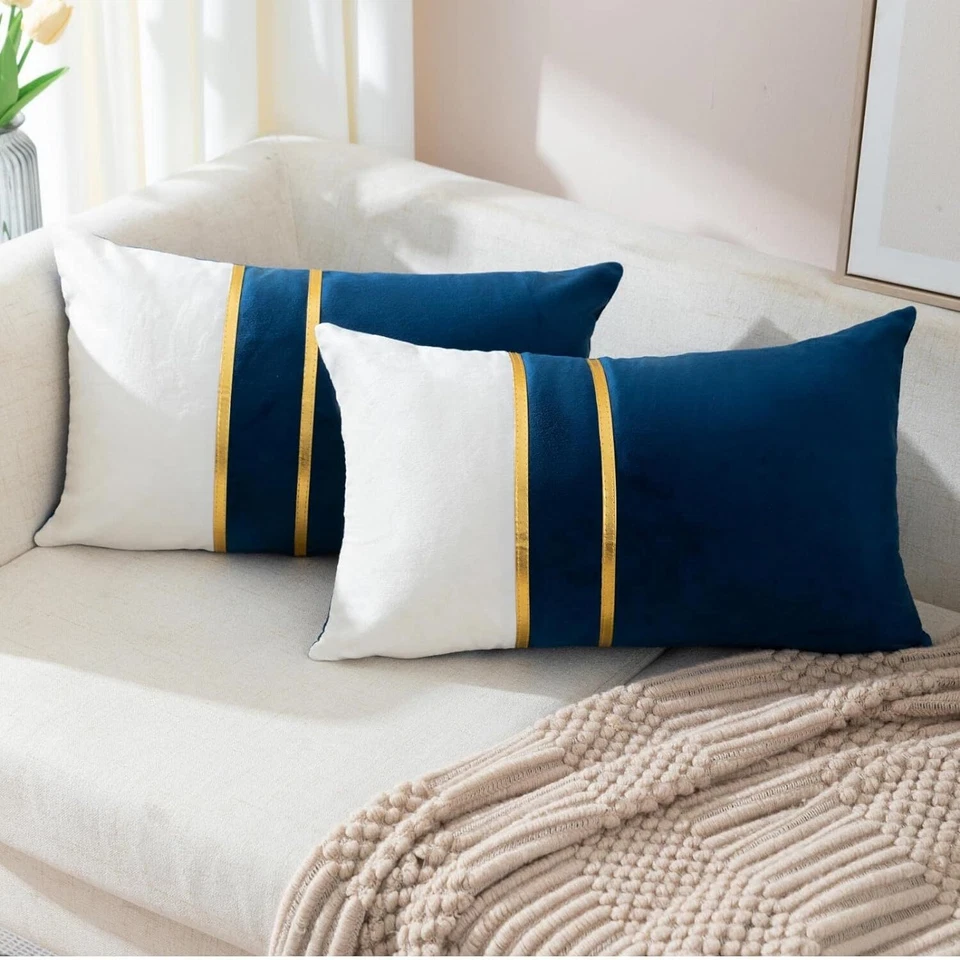 Set of 2 Velvet Decorative Lumbar Pillow Covers Navy Blue White Patchwork wit...