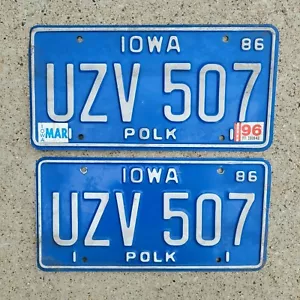 Vintage Lot of 2 License Plates Iowa 1986 Hancock County Blue UZV 507 - Picture 1 of 2