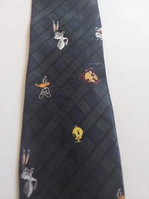 Looney Toones Mania Tie Blue Plaid Tweety Bugs Daffy Taz Sylvester Vintage 1993 - Image 1 of 4