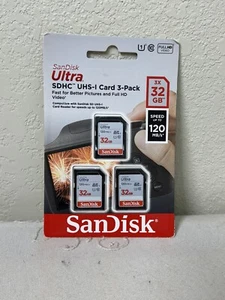 SANDISK Memory Card, 3 Pack 32GB, SDHC, 120MB/s SDSDUN4-032G-GN6IM - Picture 1 of 2