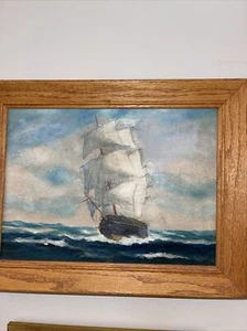 Antico dipinto a olio nave dell'artista marino americano T. Bailey Ocean Sail - Foto 1 di 12