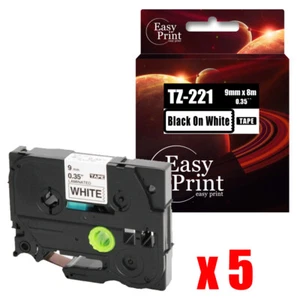 5PK Black on White TZ-221 Label with Brother TZe-221 P-Touch Tape 9mm x 8m - Picture 1 of 1