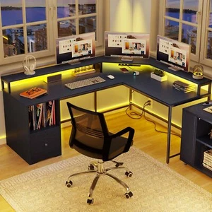 67" L Shaped Desk with Power Outlets & LED Lights Computer Desk with File Drawer - Picture 1 of 12