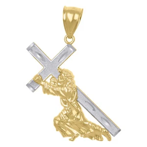 10k Gold Two Tone Diamond-Cut Jesus Carrying Cross Religious Charm 3.7g Pendant - Picture 1 of 1
