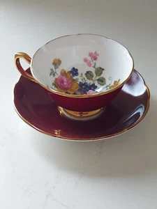 Argyle Burgundy Cup & Saucer Floral Fine Bone China Vintage England - Picture 1 of 11