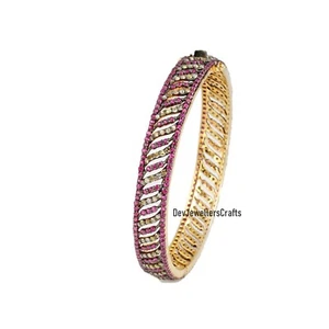 Dazzling Ruby Gemstone & Pave Diamond Victorian 925 Sterling Silver Bangle - Picture 1 of 6