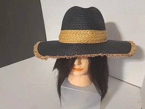 Sandy Ting Beach Panama Fedora Cowboy Straw Hat Womens Black  3.5 inch Wide Brim - Picture 1 of 7