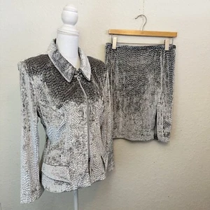 Vintage Janine Womens 2 Piece Blazer & Skirt Silver Full Zip Italy Fabric Large - Picture 1 of 18