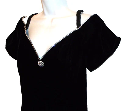Vtg 80s SPEED FASHiON long black velvet dress prom cocktail slit rhinestone 11 - Image 1 of 4