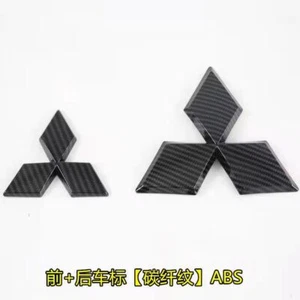 2016-21 Mitsubishi Outlander Front Hood+Rear Car Logo Badge Carbon Fiber Black - Picture 1 of 3