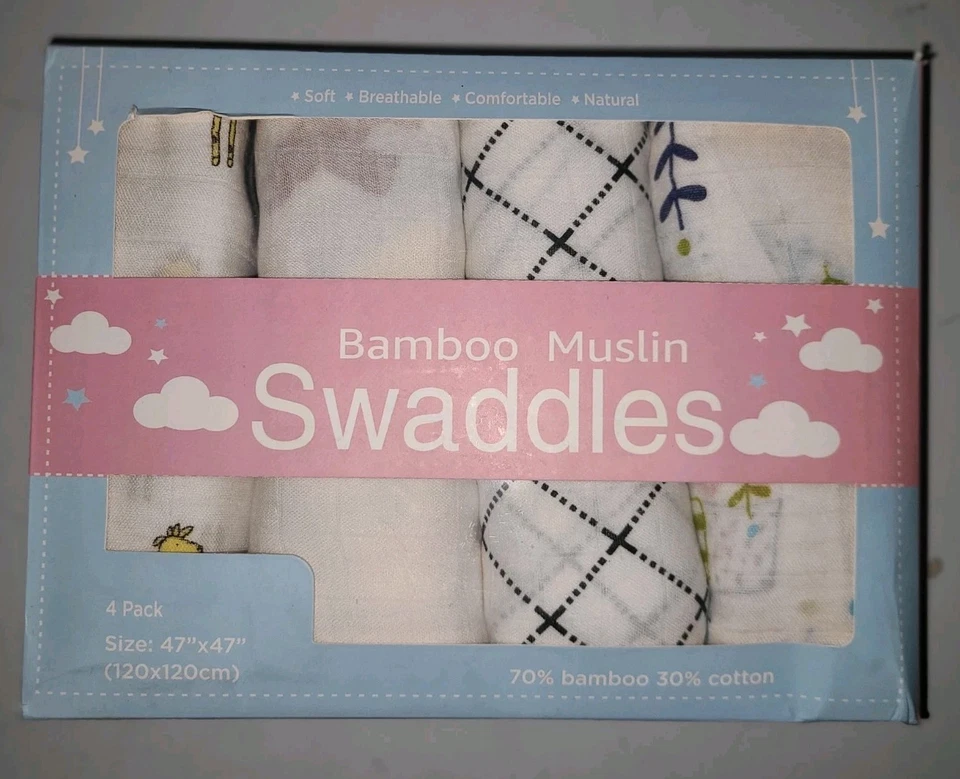 НОВАЯ, бамбуковая муслиновая пеленка, упаковка 4 шт., размер 47 x 47 дюймов.  - Изображение 1 из 2