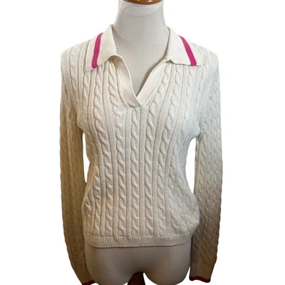 Nicole Miller New York Cream Cable Knit Collared Sweater Top Pink Stripe Size S - Image 1 of 4