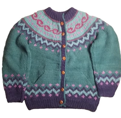 Suéter robusto vintage Fair Isle tricô à mão mãe nórdica professora anos 90 colorido tamanho M - Imagem 1 de 4