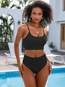 Bikini for Women 2 Pc High Waisted Beach Swimsuit Ribbed Swim Bathing Suit - Picture 1 of 4
