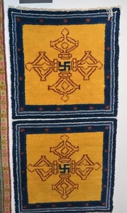 ANTIQUE TIBETAN DRAGON RUG, VAJRA c1900 TIBET, PRIMITIVE WEAVE: 27.5X56 in - Picture 1 of 3