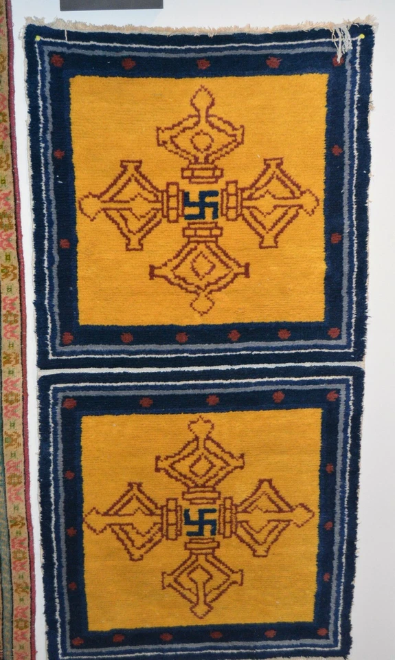 ANTIQUE TIBETAN DRAGON RUG, VAJRA c1900 TIBET, PRIMITIVE WEAVE: 27.5X56 in - Image 1 of 3