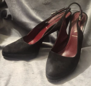 Prada Black Slingback Womens Velvet Suede Italy Buckle Wedge Platform Heels Sz 7 - Picture 1 of 15