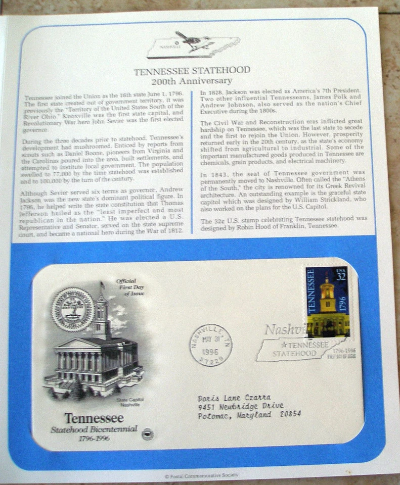 Postal Society First Day Cover FDC stamp # 3072 32 cent Tennessee Statehood 1996 - Image 1 of 1