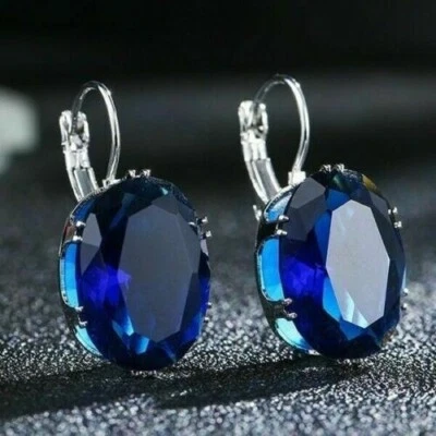 3Ct Lab Created Oval Blue Sapphire Drop & Dangle Earrings 14K White Gold Over - Image 1 of 3