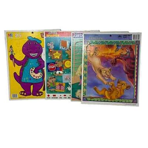 Vintage Rahmen Tablett Puzzle, Barney, Der König der Löwen, Barbie, Formen. Golden & MB - Bild 1 von 5