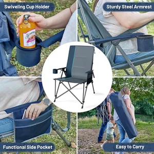 Folding chair withlumbar support,450 lbs.weight capacity,with high backrest Blue - Picture 1 of 8