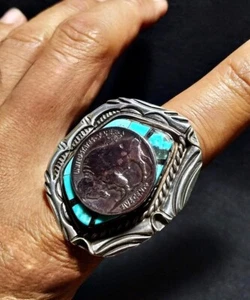 Rare Vintage American Coin & Turquoise Ring Handmade Sterling Silver 925 - Picture 1 of 7
