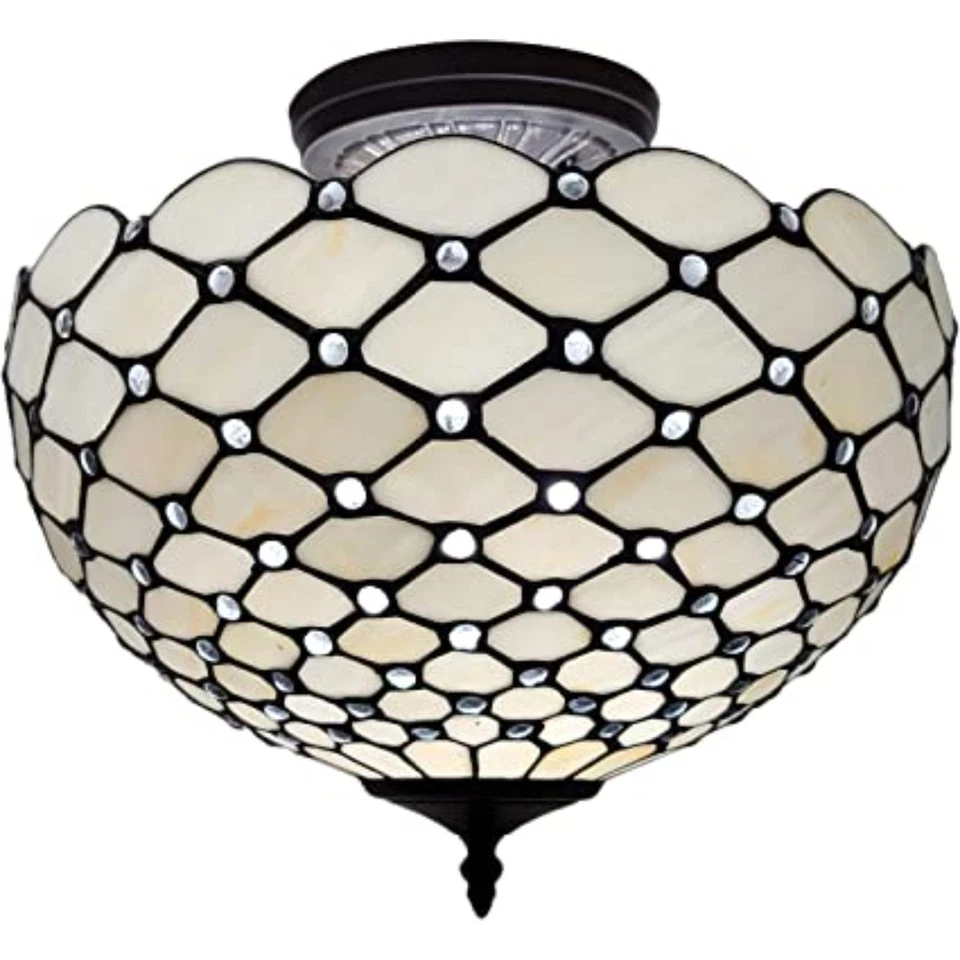 Black and White Tiffany Style Two Light Semi Flush Ceiling Lamp - Image 1 of 4