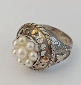 Vintage Israeli Silver Ring 925 Gold Accents Natural Pearl Cluster Artisan Bold - Picture 1 of 19