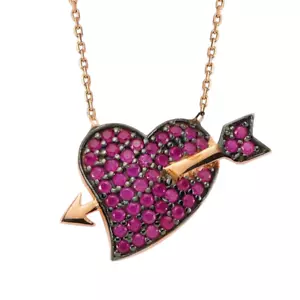 1.50CT Lab Created Pink Ruby Heart with Arrow Pendant Chain 14K Rose Gold Plated - Picture 1 of 5