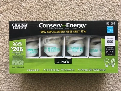 12 Light Bulbs Feit CE13T2 Conserv-Energy 60W Equivalent CFL 13-Watt 3Box 4/Pack - Image 1 of 4
