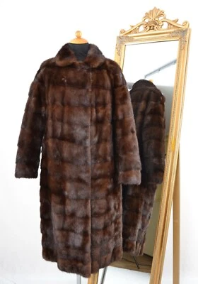US5367 REAL MINK FUR COAT RANCH MINK STRIPED SKINS DEMI BUFF SIZE L - NERZMANTEL - Image 1 of 4