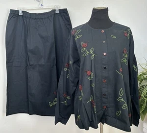 NWT Quaker Factory Embroidered Boho Ladybird Black Shirt Jacket Skirt Set Sz 2X - Picture 1 of 8