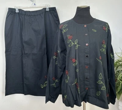 NWT Quaker Factory Embroidered Boho Ladybird Black Shirt Jacket Skirt Set Sz 2X - Image 1 of 4
