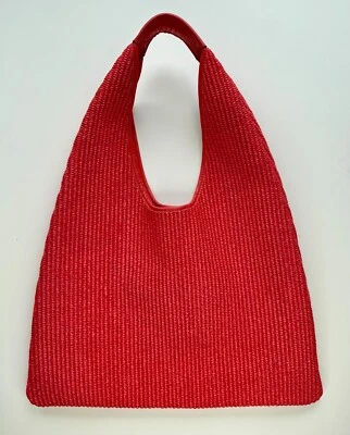 Bolso Hobo Arron Grande Rojo-Naranja Rafia Hecho a Mano en Italia, 17" W x 12" T Foto 1 de 4