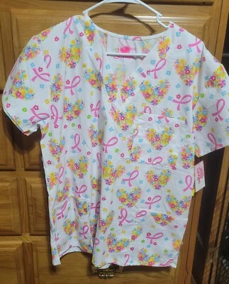 NWT - SZ LARGE HEART & PINK RIBBON PRINT SCRUB TOP - Image 1 of 3