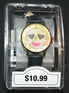 Girls' Round Gold Tone Sparkly Smiley Face Wristwatch w/ Faux Leather Strap - Picture 1 of 3