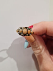 Antique Victorian Pearl Seed And Coral 9ct Gold Ring