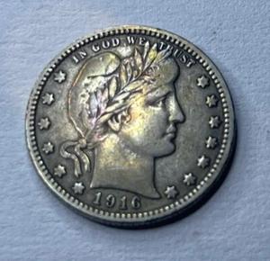 1916-D Barber Quarter 25 Cents Raw Silver Liberty Twenty Five Cent Coin XF 25c - Picture 1 of 6