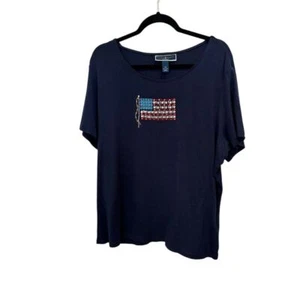 Karen Scott Women's 2X Beaded American Flag Blue T-Shirt Short Sleeve - Picture 1 of 4