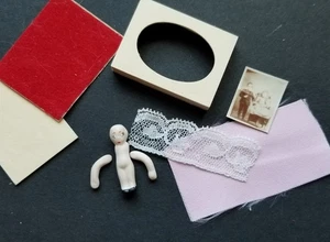 DOLLHOUSE MINIATURE LITTLE PORCELAIN DOLL IN WOODEN SHADOW BOX KIT TO FINISH - Picture 1 of 5