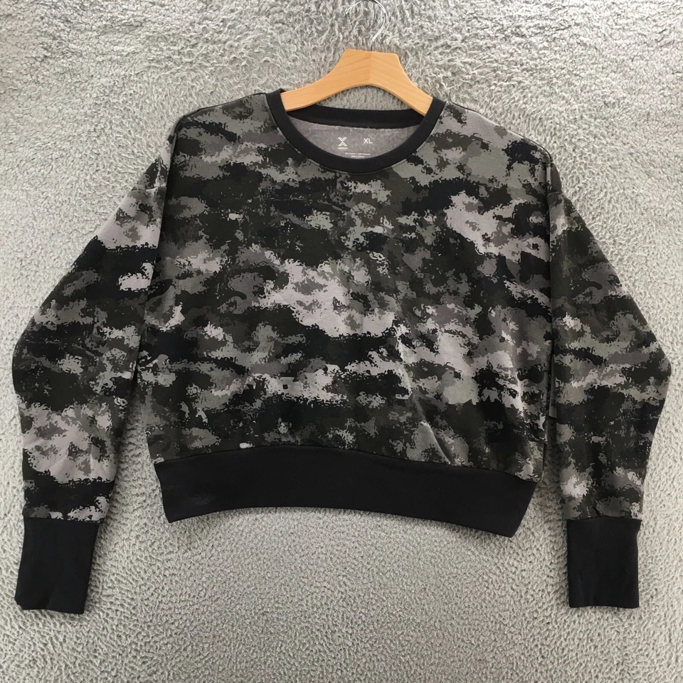 Xersion Cropped Camo Pullover Sweatshirt Womens XL Gray Cotton Blend Fleece NEW - Image 1 of 4