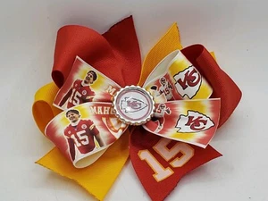 6" HairBow KC Kansas City Chiefs Patrick Mahomes 15 Football Merch Ribbon Bow - Picture 1 of 1