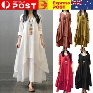 Women Retro Long Sleeve Dress V-neck Loose Cotton Linen Dress Maxi-Skirt M-5XL - Picture 1 of 16