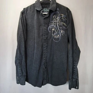 Affliction Black Acid-Washed Embroidered L/S Button Shirt Medium Front and Back - Picture 1 of 9
