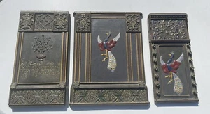3 teilige alte antike Ofenplatte restauriert Gusseisen Wandrelief Paradiesvogel - Bild 1 von 8